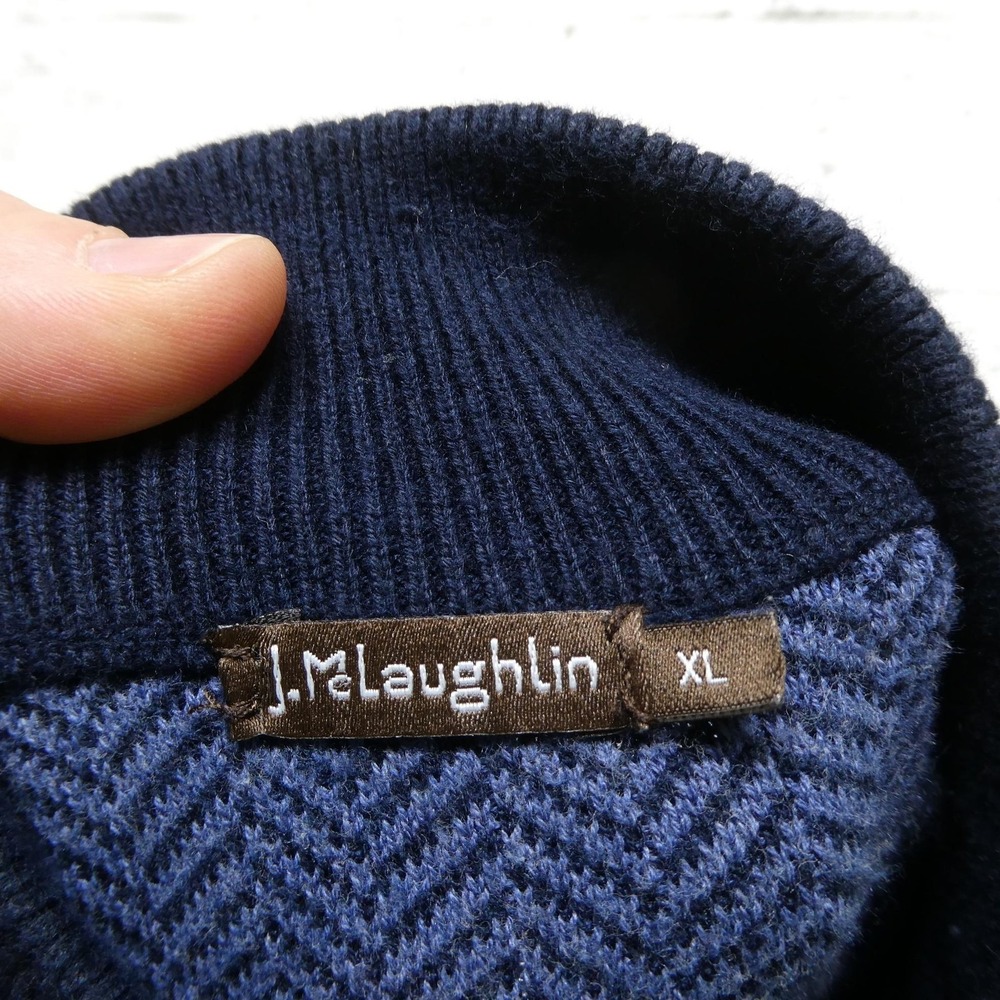 J McLaughlin Sweater Mens L Blue Herringbone 1/4 Zip Mock Neck Knit Pullover - Picture 3 of 7